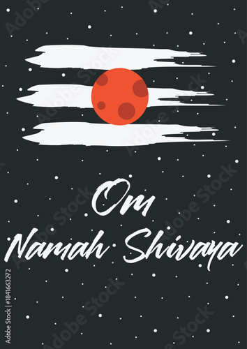 Om Namah Shivaya. Tripundra symbol on black cosmic background. Hindu spiritual vector illustration