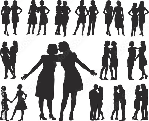 PrintWomen female friendship and relationship silhouettes set, diverse group of young ladies posing and embracing in casual dresses, vector collection for love, equality, and connection designs.