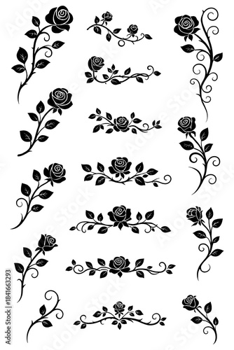 Rose floral borders, corners and wreath in black, Transparent Background