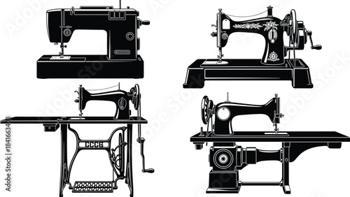 Sewing machine silhouettes, vintage and modern styles, treadle, hand-crank, industrial, electric, black vector icons, flat illustration, CAD drawing