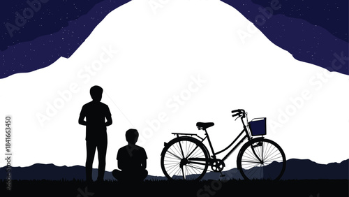 Silhouette scene, moonlight night, bicycle, two people, mountain view, starry sky, peaceful moment, CAD drawing, flat vector illustration