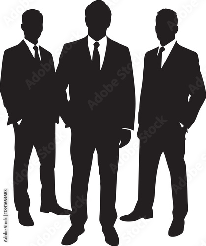 Silhouette of Business Professionals: A confident ensemble of sharply dressed business individuals, their forms defined against a stark backdrop, conveying a sense of unity, purpose, and authority. 
