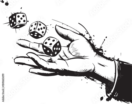 Hand tossing three black and white dice in air