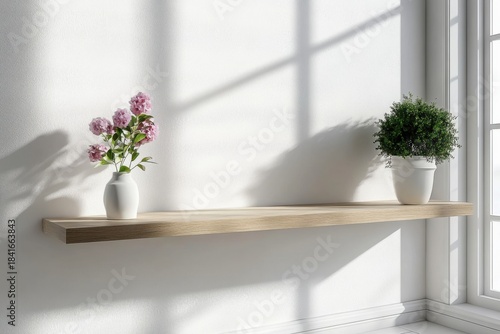 A realistic 3D render of an empty shelf or counter against a white wall with natural light from a window- creating a minimalistic concept for room display