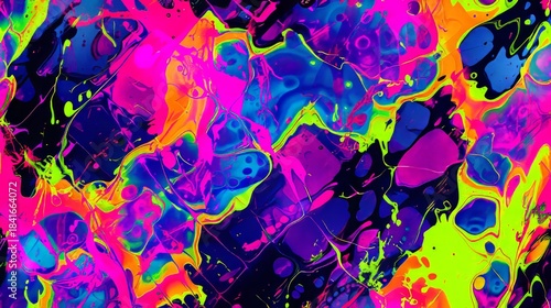 Abstract background with vibrant neon paint splatters. Psychedelic liquid art texture in fluorescent colors. Modern creative wallpaper design