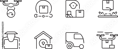 Delivery and logistics service icons set featuring drone transport, shipping vehicles, storage, and support