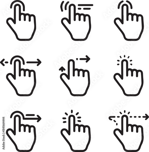 Touch screen hand gesture icons set showing tap, swipe, click, and interaction actions for UI design