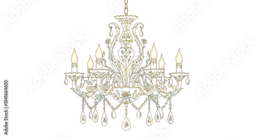 Elaborate classic chandelier with floral motifs and delicate crystal pendants illustration