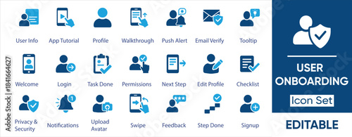 User Onboarding Solid Vector Icon Set — Signup, Login, Profile & Tutorial. Solid vector icons collection.