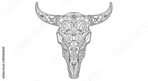 Elaborate line art illustration of a bull skull adorned with ornate floral patterns and swirls