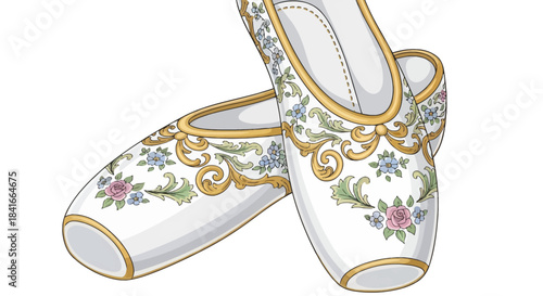 Elegance and artistry in ballet shoes: A dance of floral motifs and golden accents