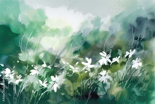 pastel watercolor floral background image with white flowers, in the style of light emerald and white.