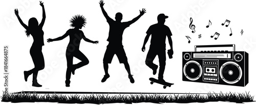 Youth dancing silhouette, cad drawing, flat vector illustration, music party, boombox, skateboard, energetic movement, black and white, outdoor fun