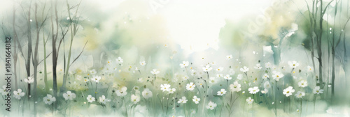 pastel watercolor floral background image with white flowers, in the style of light emerald and white. banner