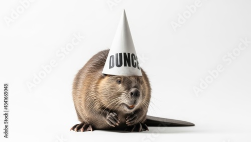 beaver wearing a dunce cap hat, dim, dumb, stupid, on a white background, animal photo