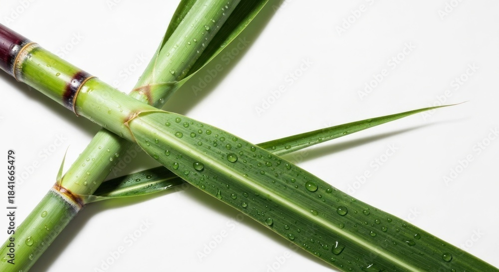 Fototapeta premium Close-up of sugarcane stalks and leaves with water droplets