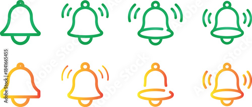 set of bell icons representing notification bell, notification, icon, alert, ring, sound and silent states for ui design