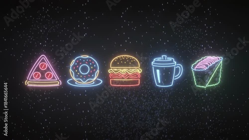 Neon hologram food icons row including pizza, donut, burger, coffee and sushi. Minimal glowing line art animation with bouncing motion and copy space on black background.