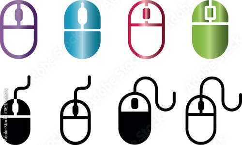 collection of different computer mouse icons showing various colors and styles for technology and design projects