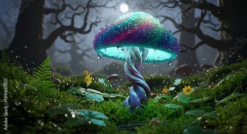 A surreal forest scene with a giant, glowing mushroom, dew-kissed, nestled among vibrant greenery under a moonlit sky