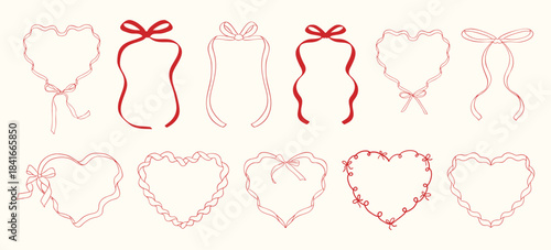 Doodle hand drawn coquette ribbon frames with hearts, wavy lines, and bows. Trendy vintage whimsical borders for Valentine's day, wedding invitations, birthday card, prints, menu. Vector illustration