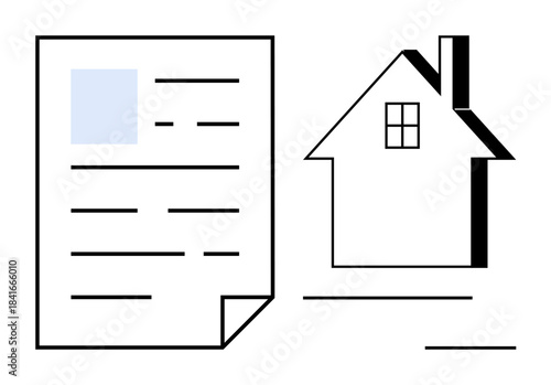 Real estate, housing market, contracts, property sales, home ownership, legal documents. Document with lines and a house outline. Real estate and housing market concepts