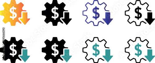 collection of cost reduction icons showing a gear symbol with a dollar sign and a downward arrow for lower prices