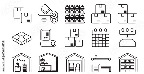 Warehouse operations and logistics process icons set illustrating inventory control, storage, and distribution