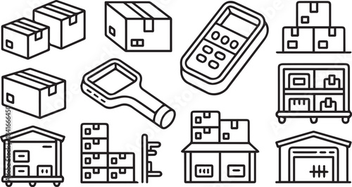 Logistics and warehouse management icons set showing boxes, barcode scanner, storage, and inventory