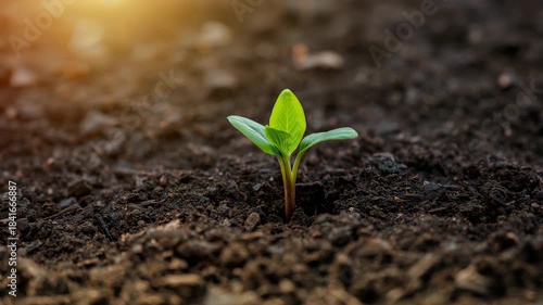 Time-lapse of a green seedling sprouting from soil at sunrise symbolizing growth and sustainability
