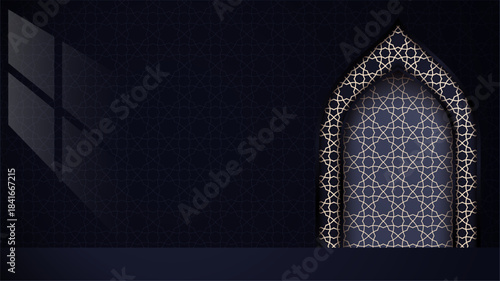 Islamic background with islamic pattern on mosque arch in dark purple background design