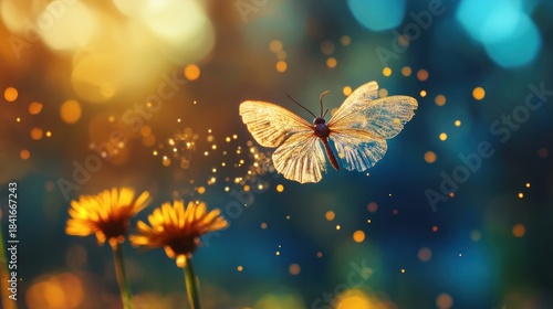 Golden butterfly flight sparkling particles yellow flowers nature photography magic fantasy
