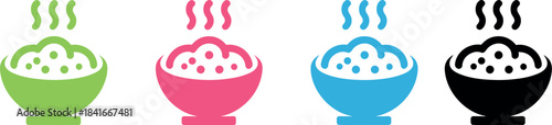 Four icons illustrating steaming bowls of hot food in different colors on white background