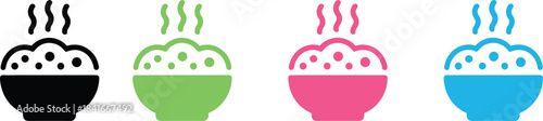set of four colorful icons representing a bowl of hot food with steam rising from it, isolated on white background.