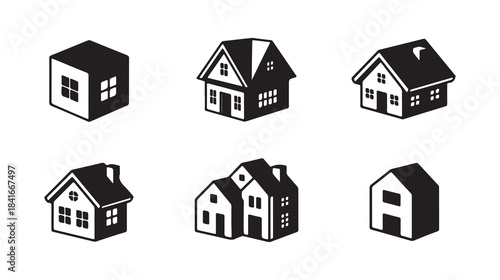 3d house design 6 set black logo icon with white background