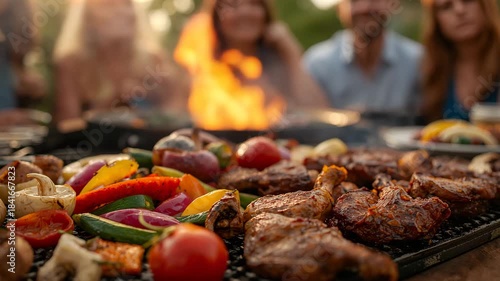 Friends grilling steak and vegetables on backyard barbecue at golden hour