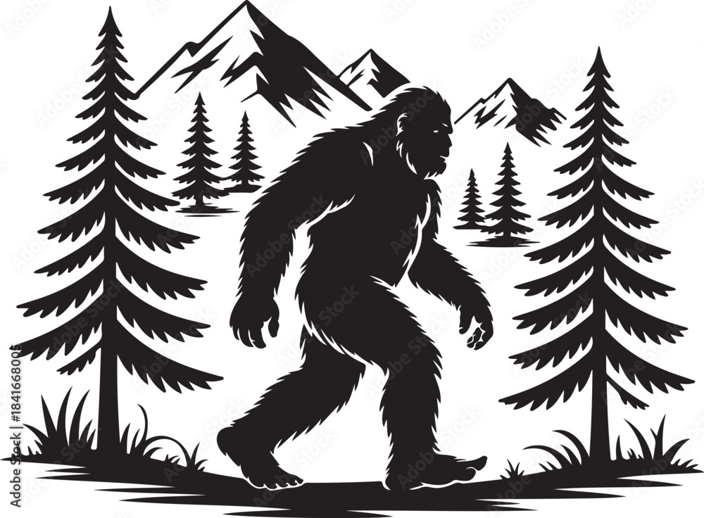 Fototapeta premium Bigfoot walking in mountain forest