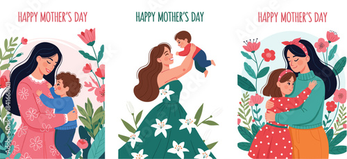 Mother’s Day triptych—joyful mother-child moments with floral backgrounds for celebration and love visuals 