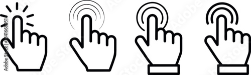 Four variations of a hand cursor icon in black line art style, representing clicking and tapping actions