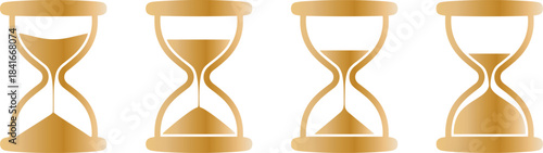 Stages of time progression hourglass, sand, time, timer, countdown illustrated by four hourglasses with flowing sand