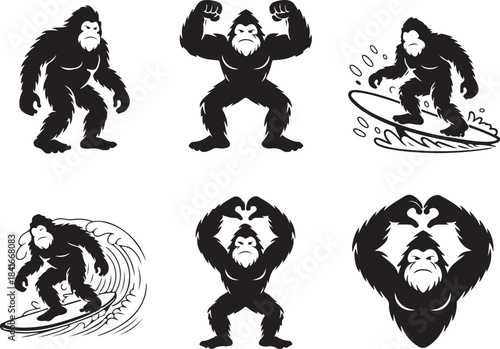 Six bigfoot silhouette icon set