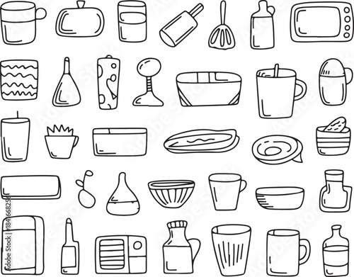 Kitchenware doodle set black white outline
