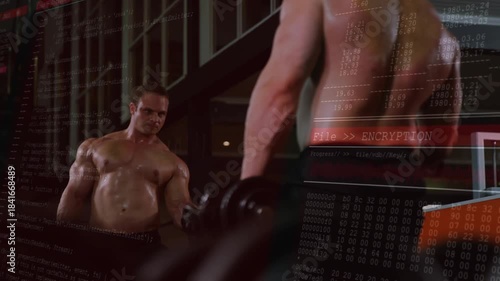 Gym lifter grabbing dumbbell causing encryption overlay across mirror while peer curling for gains