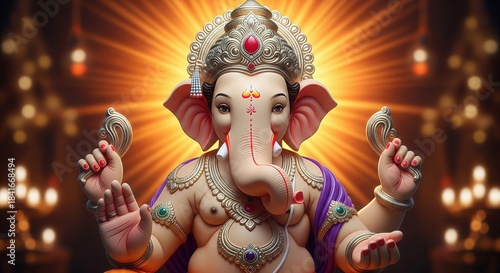 Ganesha Idol Portrait. Golden Halo Glow Spiritual 4K Wallpaper.