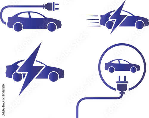 Electric vehicle icons set representing various aspects of charging and electric power electric, vehicle, car, charging, power