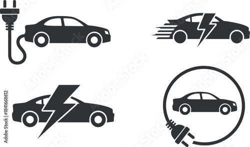 Electric car icons set illustrating charging, speed, and power concepts