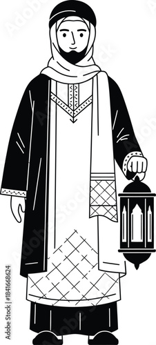 Minimalist Muslim Man Illustration Holding Lantern in Monochrome Style for Ramadan