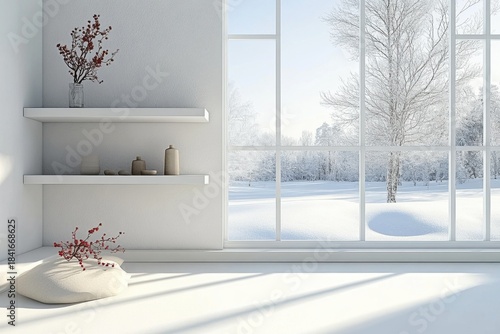 A 3D-rendered Scandinavian interior design featuring a white empty room with a shelf and a picturesque winter landscape visible through window
