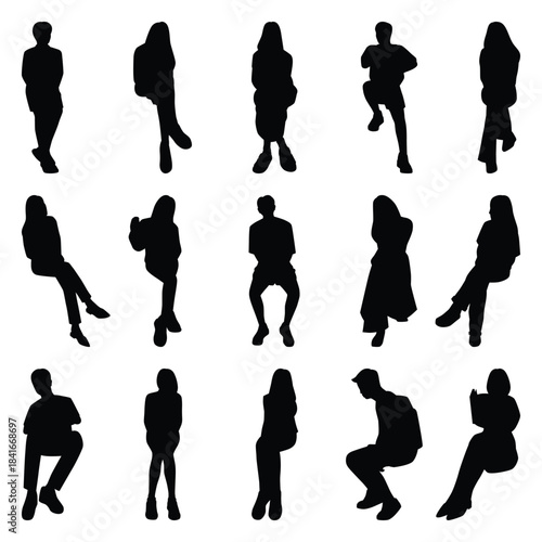Vector collection set of sitting people silhouettes.	
