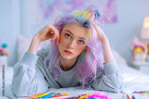 Teen Girl with Brightly Dyed Hair Exploring Personal Identity in a Modern Candid Portrait